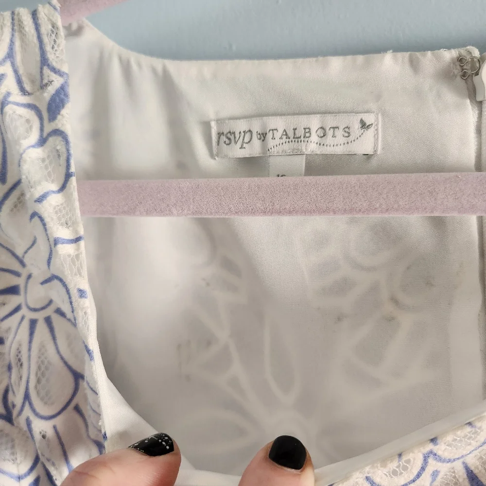 Talbots RSVP floral lace net cutout blue and white dress size 16P - Picture 9 of 9